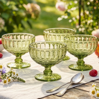 Dibor Set Of 6 Vintage Glass Trifle Bowl And Dessert Bowls Green