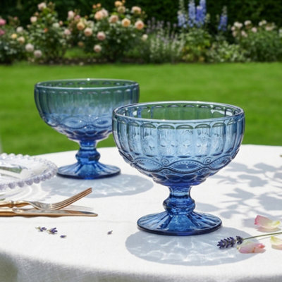 Dibor Set Of 2 Vintage Blue Glass Trifle Bowl And Dessert Bowls 300Ml from B&Q