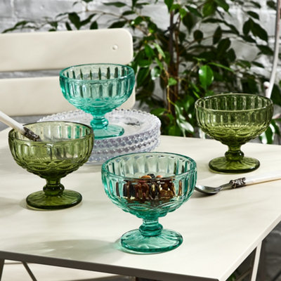 Dibor Set Of 4 Vintage Green & Turquoise Blue Glass Trifle Bowl And Dessert Bowls 300Ml from B&Q