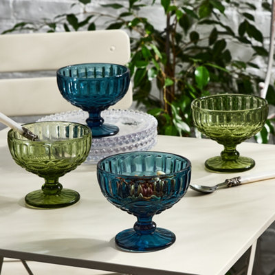 Dibor Set Of 4 Vintage Blue & Green Glass Trifle Bowl And Dessert Bowls 300Ml from B&Q