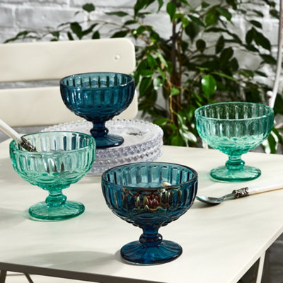 Dibor Set Of 4 Vintage Blue & Turquoise Blue Glass Trifle Bowl And Dessert Bowls 300Ml from B&Q