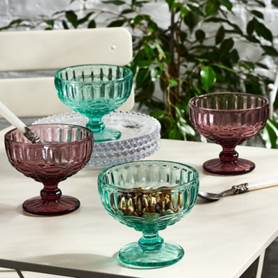 Dibor Set Of 4 Vintage Turquoise Blue & Pink Glass Trifle Bowl And Dessert Bowls 300Ml from B&Q