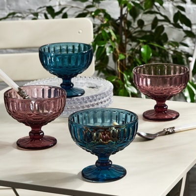 Dibor Set Of 4 Vintage Pink & Blue Glass Trifle Bowl And Dessert Bowls 300Ml from B&Q