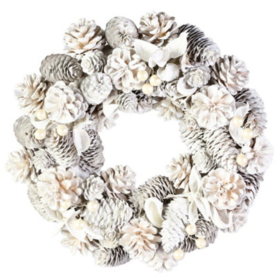B&Q -  Traditional White Pinecone Front Door Autumn Wreath Winter Spring Wreath 30Cm