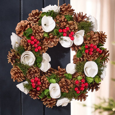 Dibor White Berries And Roses Festive Decor Autumn-Winter Front Door Wreath Christmas Wreath 35Cm from B&Q