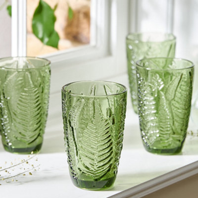 Dibor Set Of 4 Luxury Green Leaf Embossed Tall Highball Drinking Glass Tumblers 350Ml from B&Q