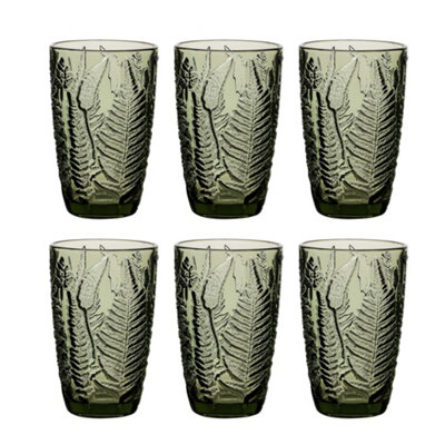 Dibor Set Of 6 Luxury Green Leaf Embossed Tall Highball Drinking Glass Tumblers 350Ml from B&Q
