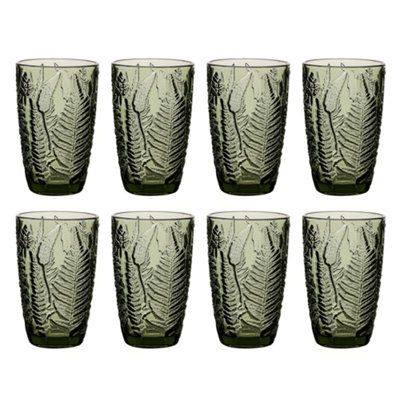 Dibor Set Of 8 Luxury Green Leaf Embossed Tall Highball Drinking Glass Tumblers 350Ml from B&Q
