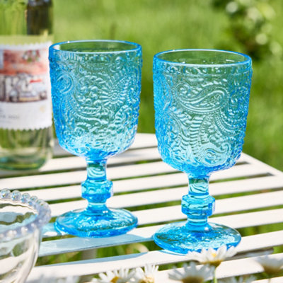 Dibor Set Of 2 Luxury Bright Blue Drinking Glass Spring Summer Wine Goblets 300Ml from B&Q