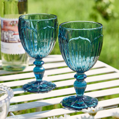 Dibor Set Of 2 Luxury Embossed Blue Drinking Glass Spring Summer Wine Goblets 280Ml from B&Q
