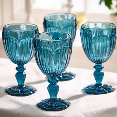 Dibor Set Of 4 Luxury Embossed Blue Drinking Glass Spring Summer Wine Goblets 280Ml from B&Q