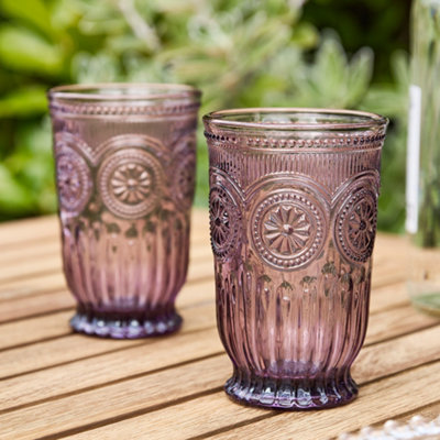 Dibor Set Of 2 Luxury Embossed Spring Summer Purple Tall Drinking Glass Tumblers 330Ml from B&Q