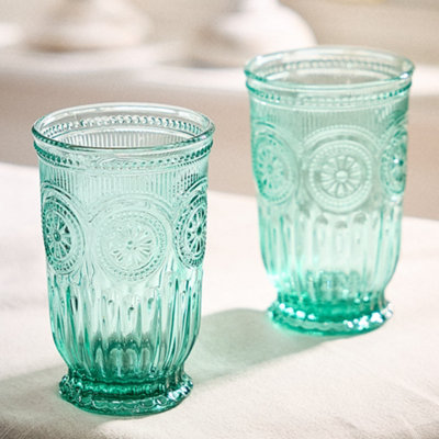 Dibor Set Of 2 Luxury Embossed Spring Summer Green Tall Drinking Glass Tumblers 330Ml from B&Q