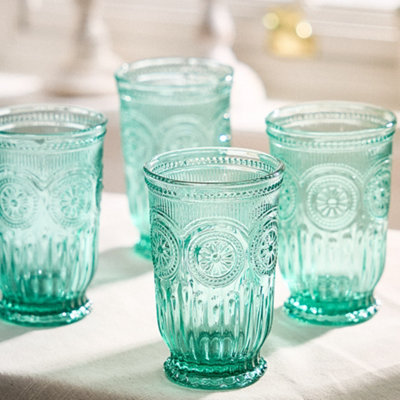 Dibor Set Of 4 Luxury Embossed Spring Summer Green Tall Drinking Glass Tumblers 330Ml from B&Q