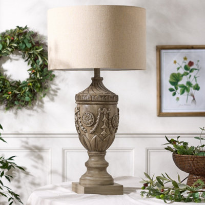 Dibor Vintage Style Ornate Distressed Carved Bedroom Living Room Bedside Table Lamp