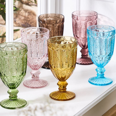 Dibor Set Of 6 Roselle Colorful Embossed Drinking Glass Spring Summer Wine Goblets 270Ml from B&Q