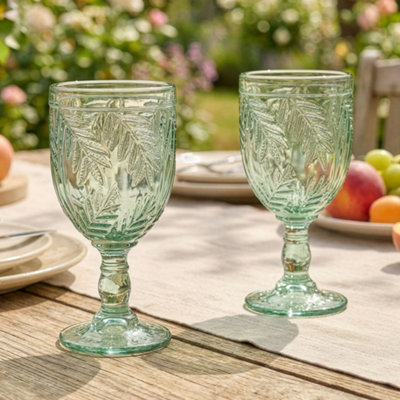 Dibor Set Of 2 Laurier Green Embossed Leaf Drinking Glass Spring Summer Wine Goblets 320Ml from B&Q