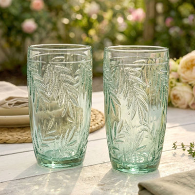 Dibor Set Of 2 Laurier Green Spring Summer Embossed Leaf Drinking Glass Tall Tumblers 380Ml from B&Q