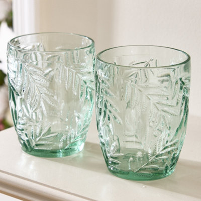 Dibor Set Of 2 Laurier Green Spring Summer Embossed Leaf Drinking Glass Short Tumblers 320Ml from B&Q