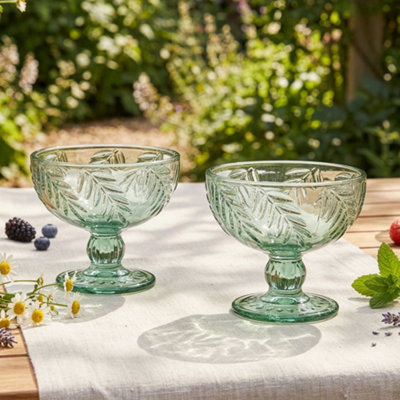 Dibor Set Of 2 Laurier Green Spring Summer Embossed Leaf Footed Bowls Wedding Decorations Ideas 320Ml from B&Q