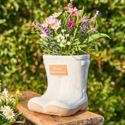 Dibor Small White Ceramic Boots Flower Planter With "happy Anniversary" Engraved Plaque Gardening Gift Father's Day H10 X W12Cm from B&Q