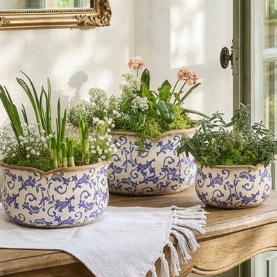 Dibor Set Of 3 Vintage Style Luxury Solene Blue Botanical Pot Flower Planters from B&Q