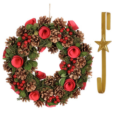 B&Q -  35Cm Red Berries And Roses Front Door Christmas Wreath With Star Wreath Hanger