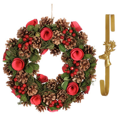 Dibor 35Cm Red Berries And Roses Front Door Christmas Wreath With Deer Wreath Hanger from B&Q