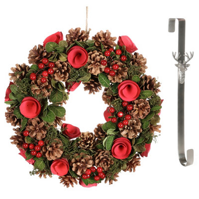 Dibor 35Cm Red Berries And Roses Front Door Christmas Wreath With Stag Wreath Hanger from B&Q