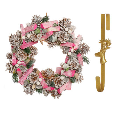 Dibor 33Cm Pastel Pink Driftwood Front Door Christmas Wreath With Deer Wreath Hanger from B&Q