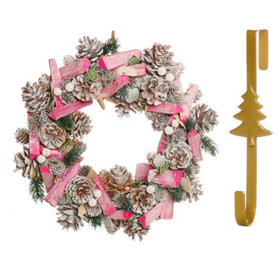 Dibor 33Cm Pastel Pink Driftwood Front Door Christmas Wreath With Tree Wreath Hanger from B&Q