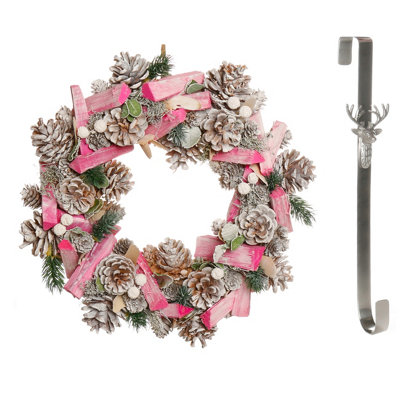 Dibor 33Cm Pastel Pink Driftwood Front Door Christmas Wreath With Stag Wreath Hanger from B&Q