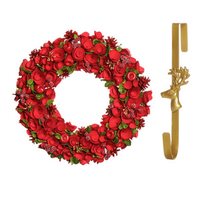 Dibor 42Cm Extra Large Red Rose Front Door Christmas Wreath With Deer Wreath Hanger from B&Q