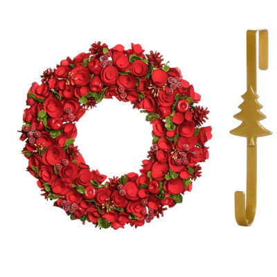 Dibor 42Cm Extra Large Red Rose Front Door Christmas Wreath With Tree Wreath Hanger from B&Q