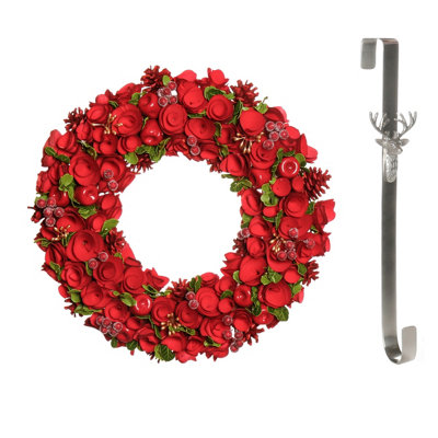 Dibor 42Cm Extra Large Red Rose Front Door Christmas Wreath With Stag Wreath Hanger from B&Q