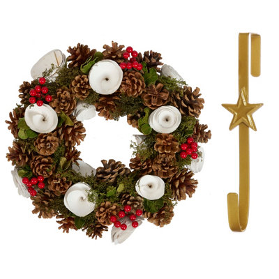 Dibor 36Cm White Berries And Roses Front Door Christmas Wreath With Star Wreath Hanger from B&Q