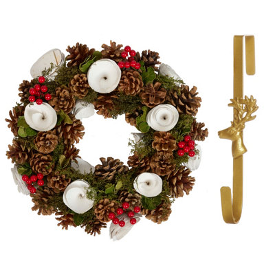 Dibor 36Cm White Berries And Roses Front Door Christmas Wreath With Deer Wreath Hanger from B&Q