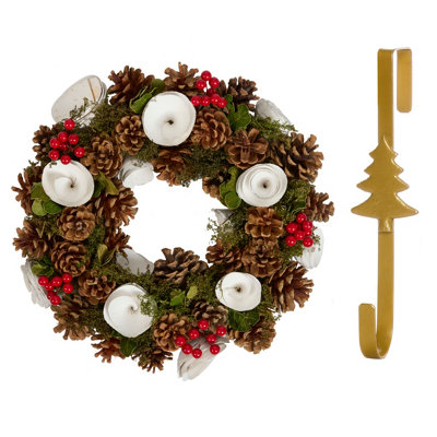 Dibor 36Cm White Berries And Roses Front Door Christmas Wreath With Tree Wreath Hanger from B&Q