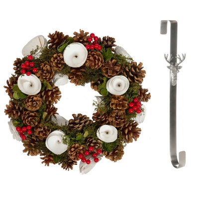 Dibor 36Cm White Berries And Roses Front Door Christmas Wreath With Stag Wreath Hanger from B&Q