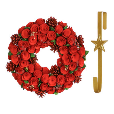 Dibor 35Cm Red Crimson Rose Front Door Christmas Wreath With Star Wreath Hanger from B&Q