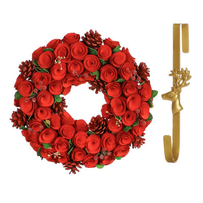 Dibor 35Cm Red Crimson Rose Front Door Christmas Wreath With Deer Wreath Hanger from B&Q