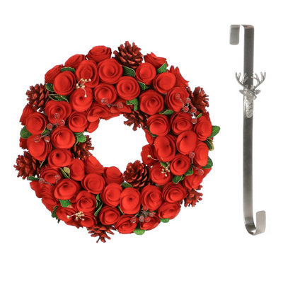 Dibor 35Cm Red Crimson Rose Front Door Christmas Wreath With Stag Wreath Hanger from B&Q
