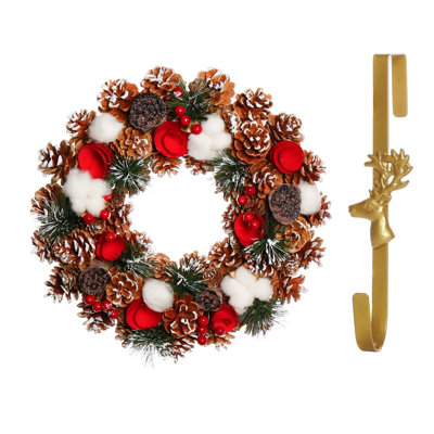 Dibor 36Cm Pinecone And Roses Front Door Christmas Wreath With Deer Wreath Hanger from B&Q