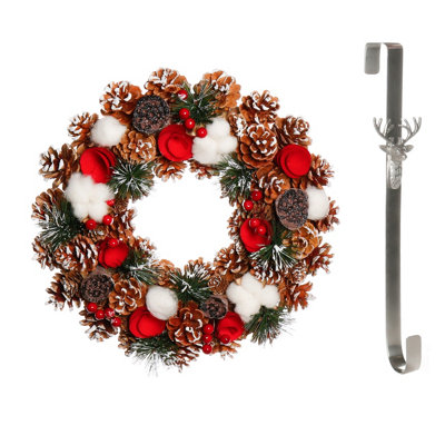 Dibor 36Cm Pinecone And Roses Front Door Christmas Wreath With Stag Wreath Hanger from B&Q