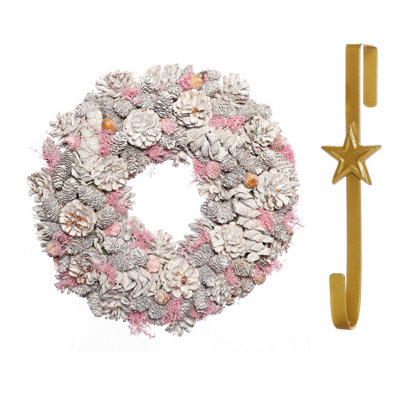 B&Q -  39Cm Pink Pinecone Front Door Christmas Wreath With Star Wreath Hanger