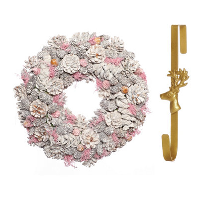 B&Q -  39Cm Pink Pinecone Front Door Christmas Wreath With Deer Wreath Hanger