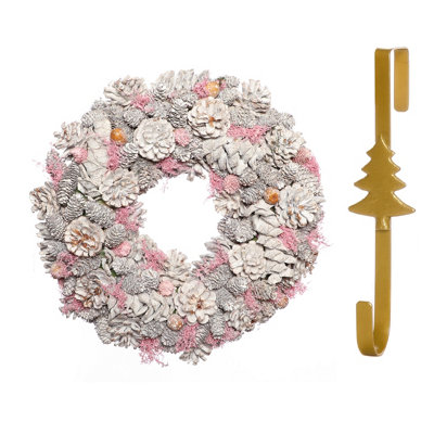 B&Q -  39Cm Pink Pinecone Front Door Christmas Wreath With Tree Wreath Hanger