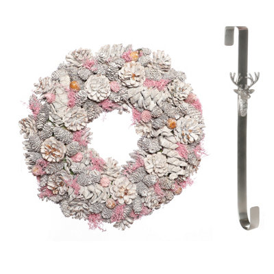 Dibor 39Cm Pink Pinecone Front Door Christmas Wreath With Stag Wreath Hanger from B&Q