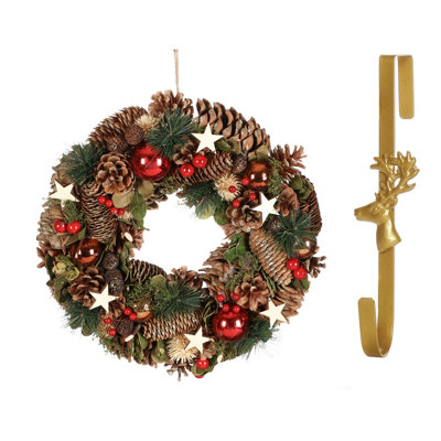 Dibor 36Cm Baubles And Stars Front Door Christmas Wreath With Deer Wreath Hanger from B&Q