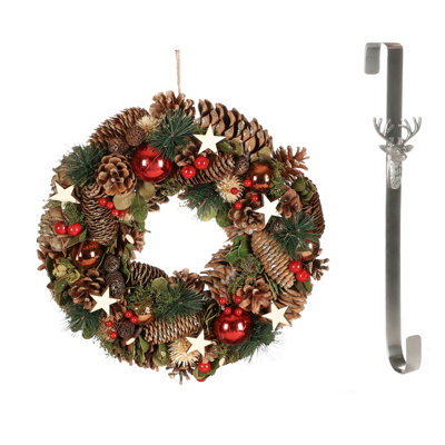 Dibor 36Cm Baubles And Stars Front Door Christmas Wreath With Stag Wreath Hanger from B&Q